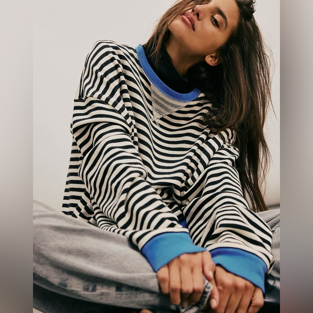 NWT Free People Classic Striped Oversized Crewneck Sweatshirt